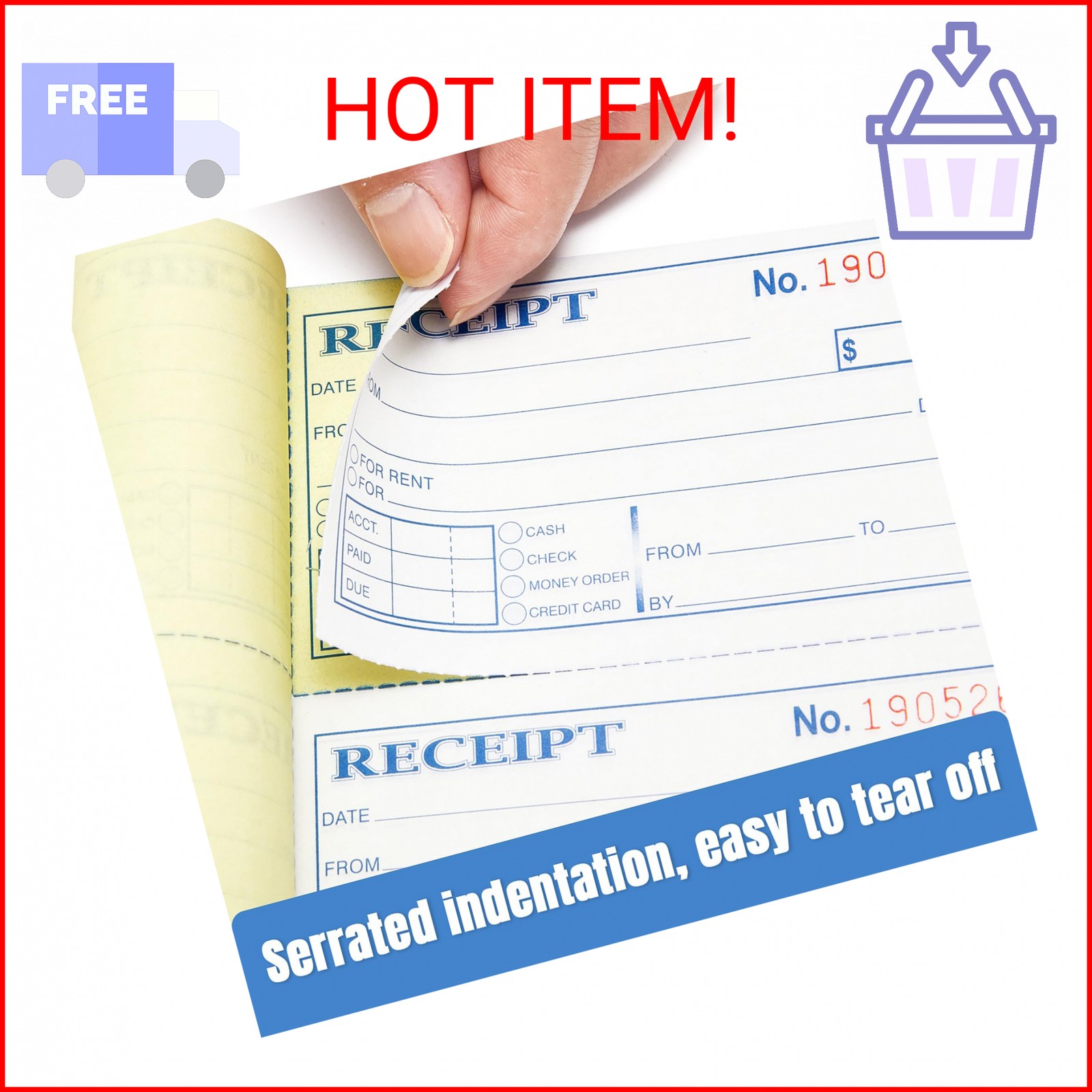 Receipt Book with Carbon Copies, 2-Part carbonless, 100 Sets per Book, 4 Receipt