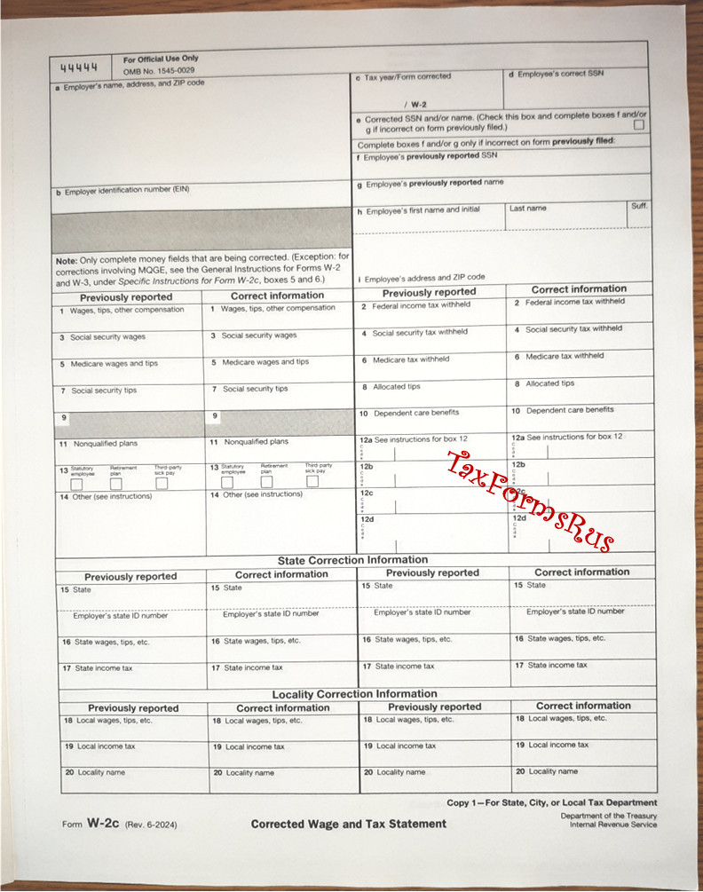 IRS Tax Form W-2c Corrected Wage/Tax Stmt single sheet set 1 employee, NON-cbnls