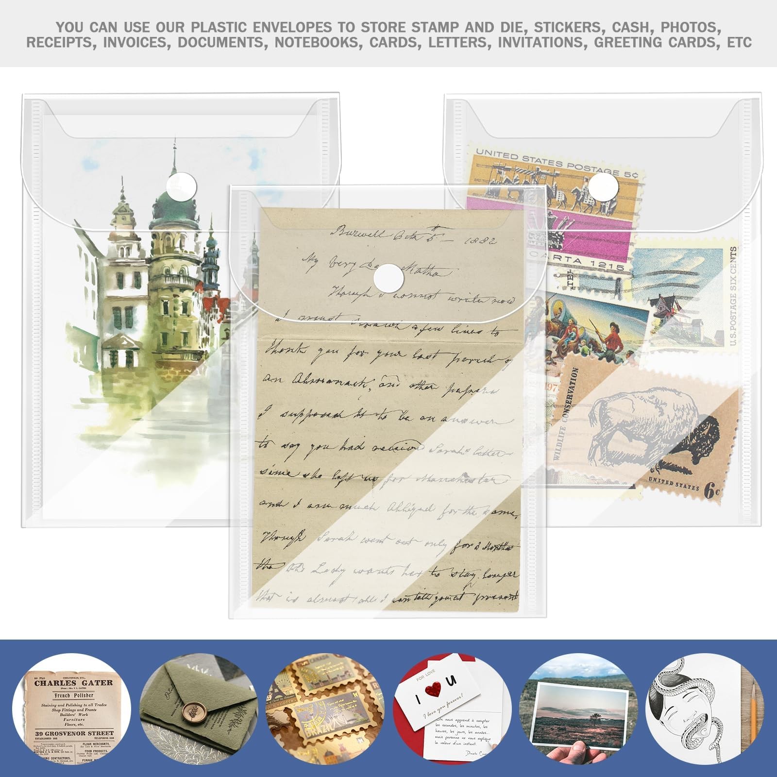 Vmiapxo 20 Pcs Small Plastic Envelopes with Snap 5″ x 7″, Transparent