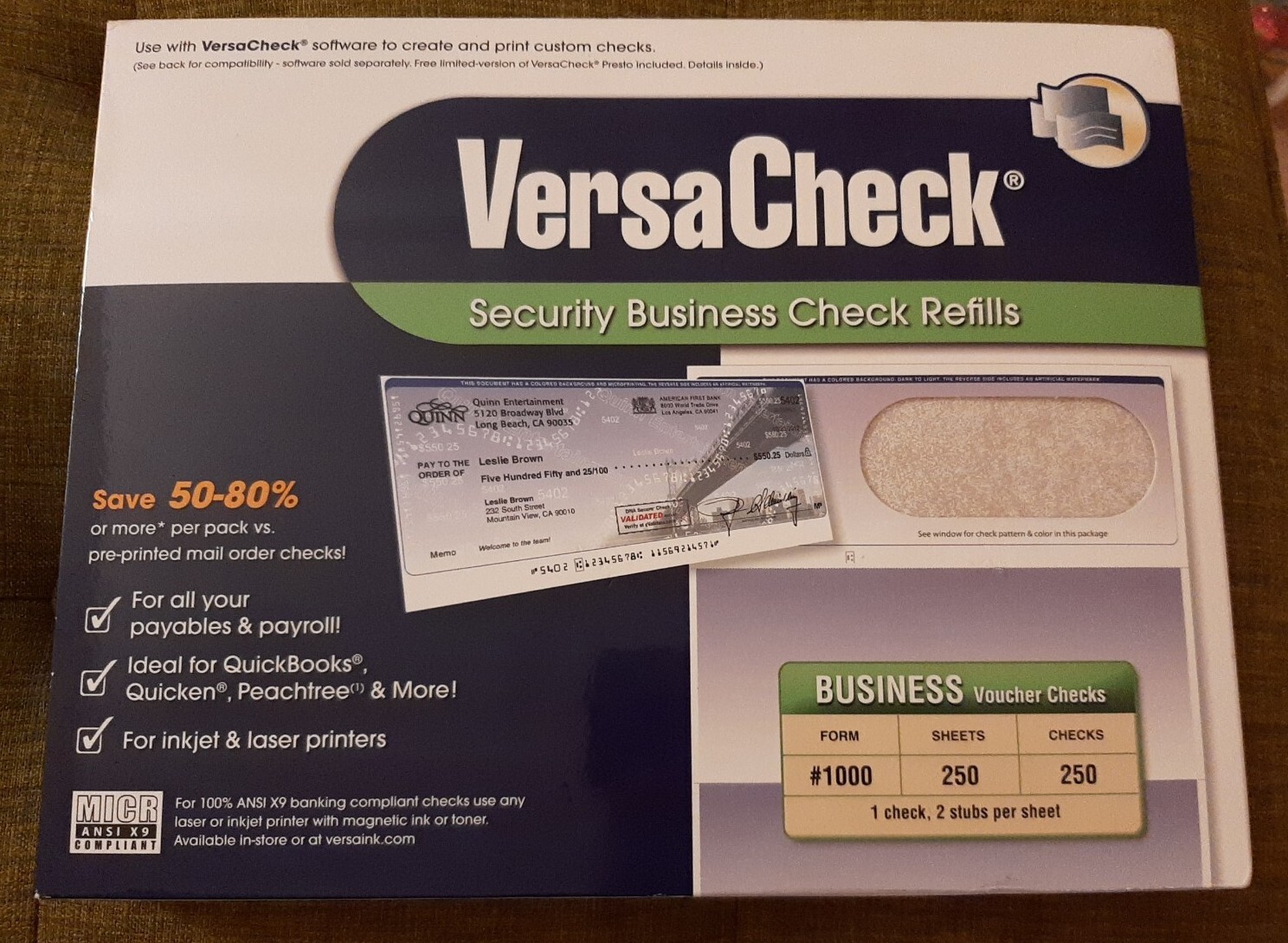 Form #1000 Business Voucher Security Blank Checks Refills Paper 250 Sheets Blue