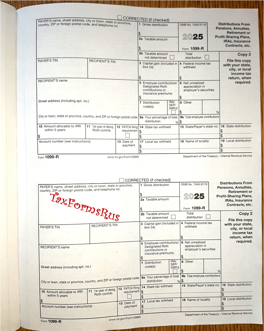 2025 IRS Tax Form 1099-R single sheet set for 2 recipients NONcarbonless 5pt 2up