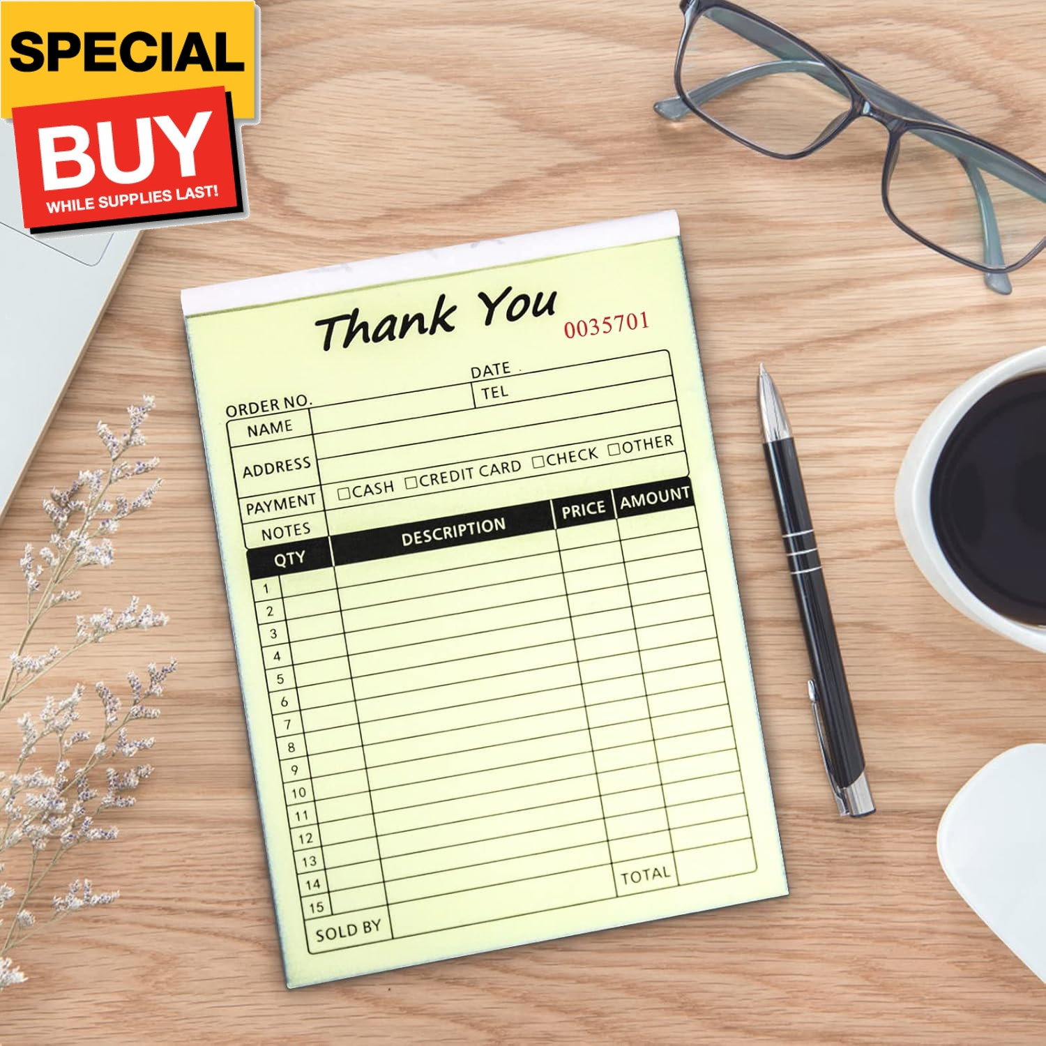Receipt Book with Cardboard 2-Part Carbonless, Order Forms for Small Business