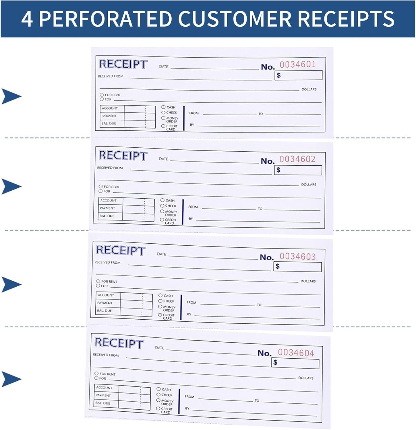 6 Pack Large Money and Rent Receipt Books with Cardboard Insert,7-5/8″ X