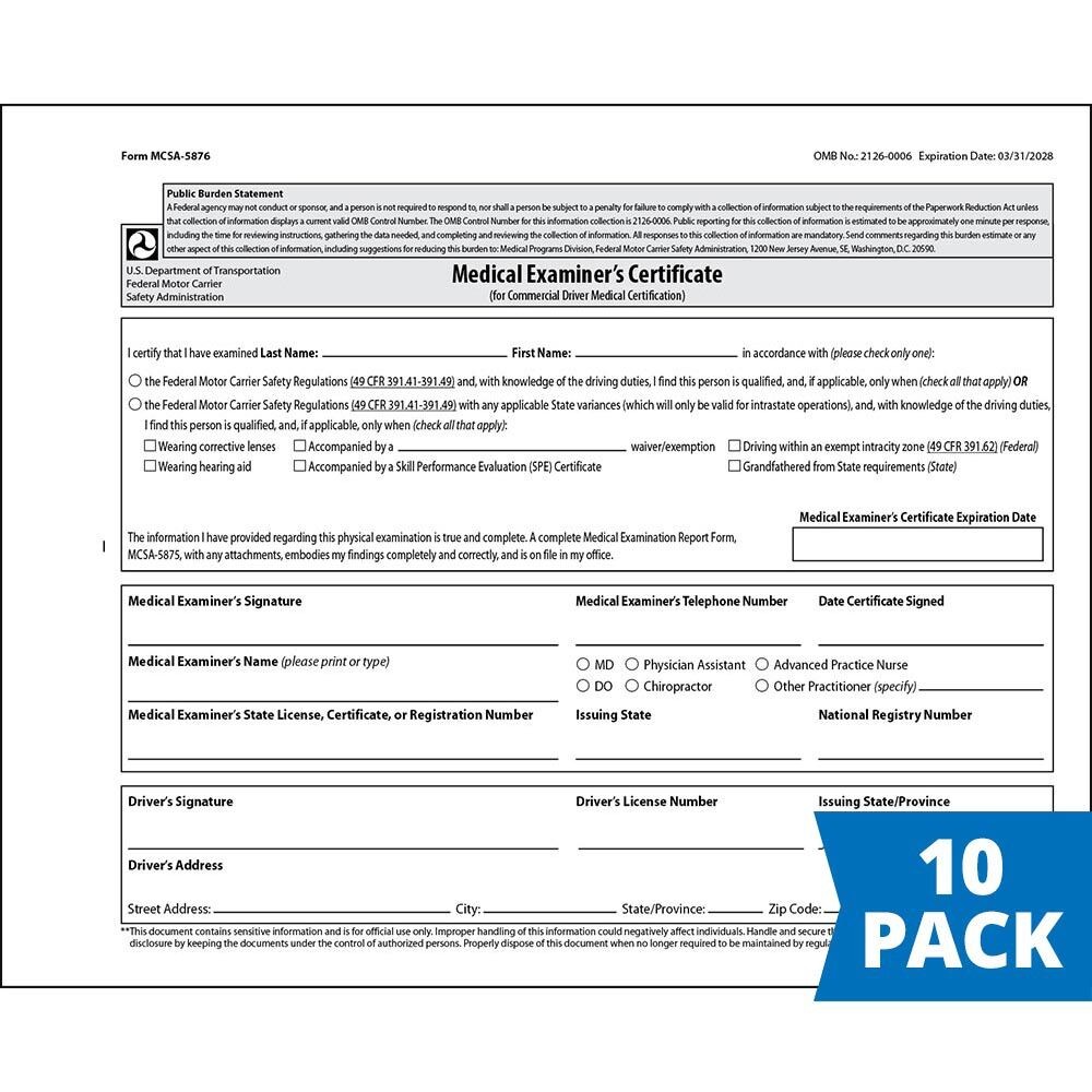 J. J. Keller Commercial Driver Medical Certification Form 10-pk., 2-Ply, 4.25″