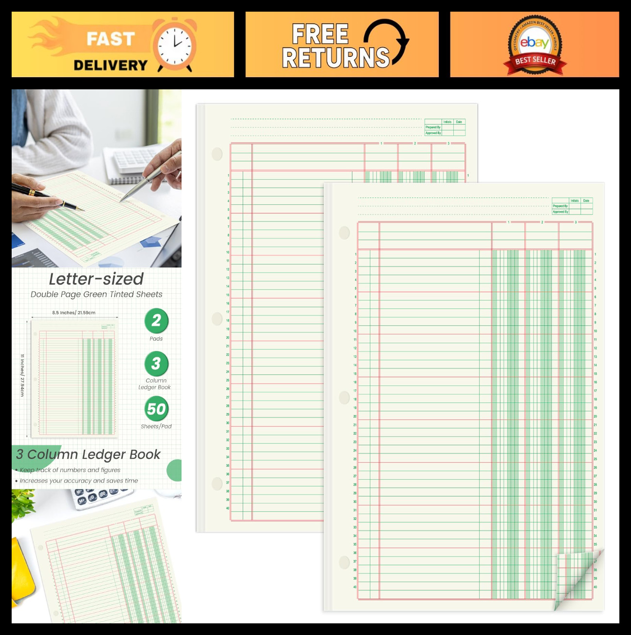 100 Sheets Columnar Analysis Pad – 3 Column Ledger Book, 8.5″x11″, Accounting &