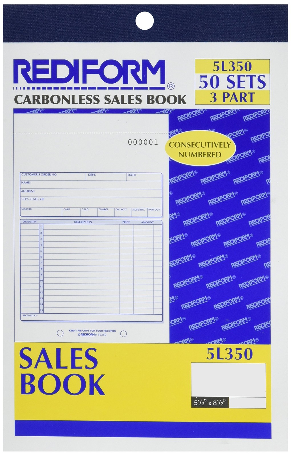 Carbonless Cash Sales Forms 5.5 x 8 White Yellow Pink 50 Set Flexible Cover