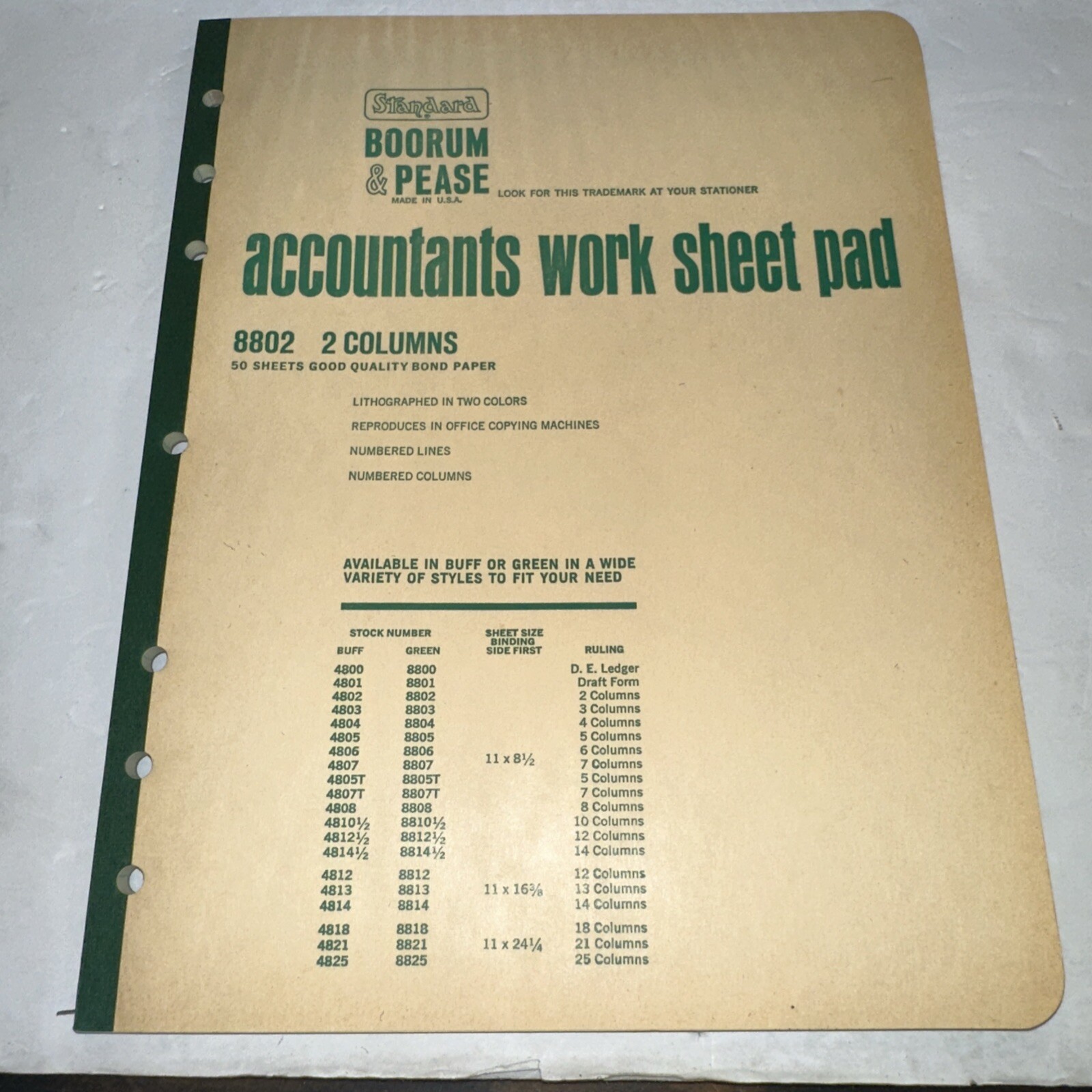 Vintage Boorum & Pease Accountants Work Sheet Pad 8802 2Columns – Full 50 Pages