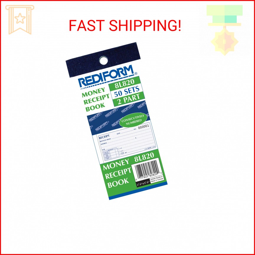 Rediform Small Money Receipt Book, Two-Part Carbonless, 2.75 x 5, 50 Forms Total
