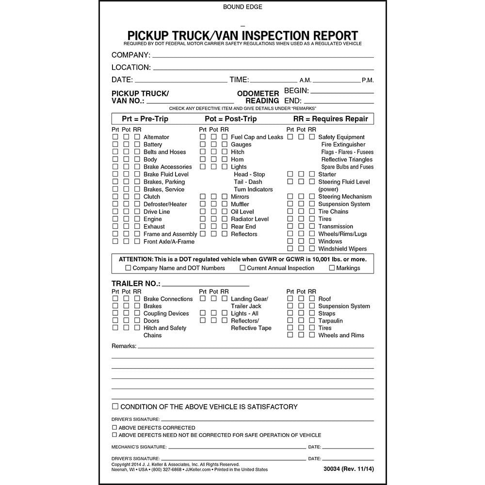 Truck/Van Vehicle Inspection Report Book 10-pk., 2-Ply Carbonless, 5.5″ x 9.25″
