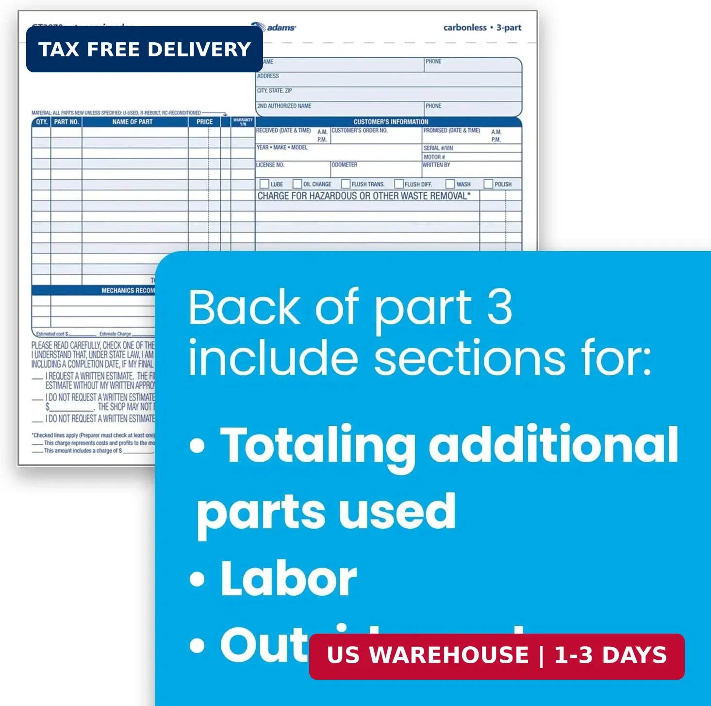 Adams Auto Repair Order Forms, 8.5 X 7.44, 3-Part, Carbonless, 50-Pack (GT3870)