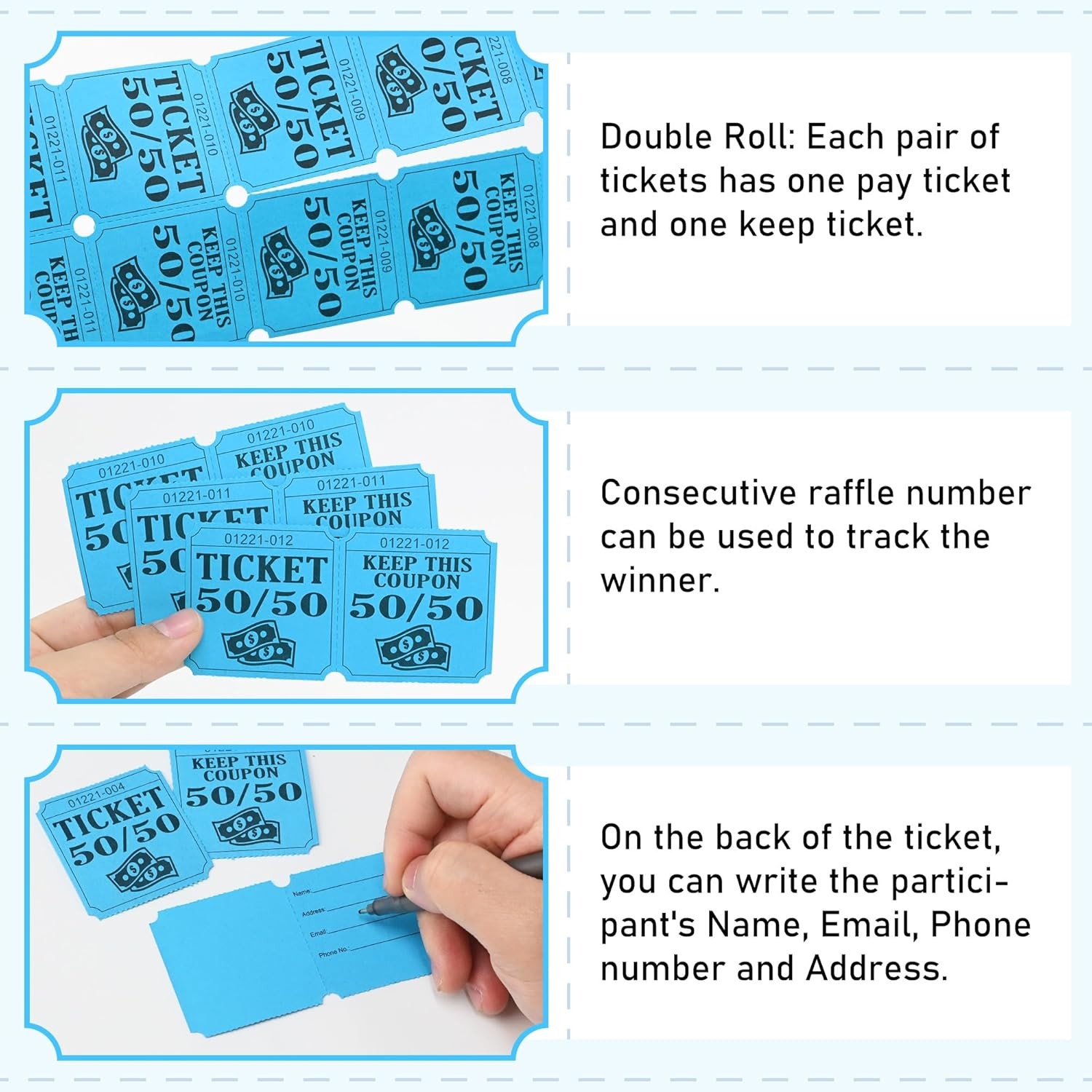 ESSENTIAL 500 Double Roll Raffle Tickets, 50/50 Cards, 4″x2″, Blue