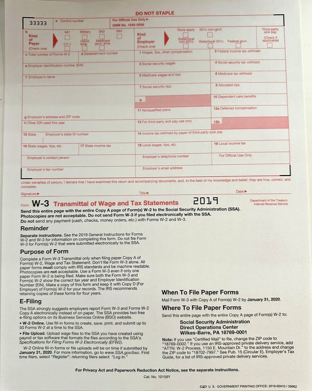 (6) 2019 IRS TAX FORMS W-2 (6 Recipients) + 1 FORM W-3
