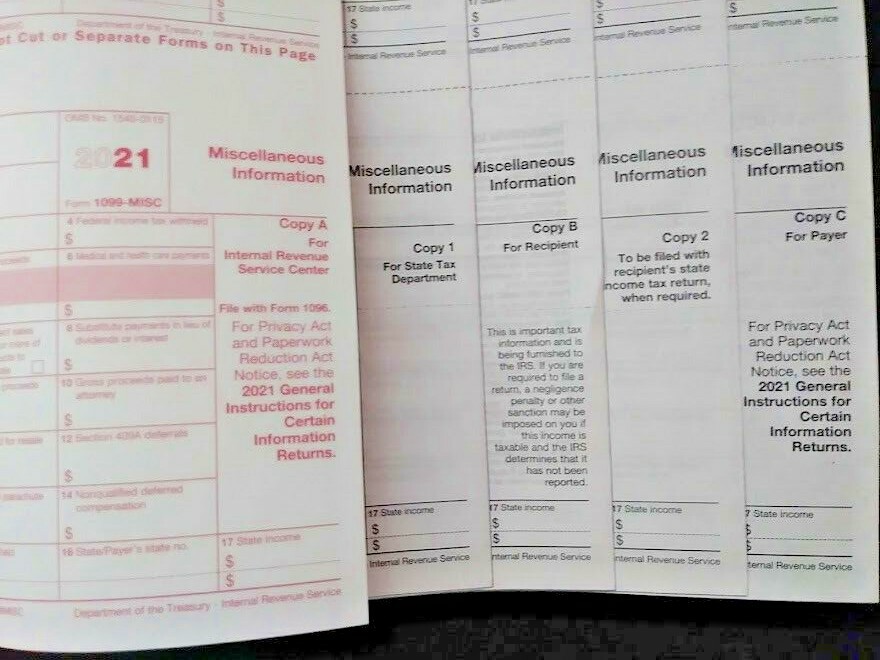 2021: 5 SHEETS 1099-MISC IRS Miscellaneous Income Tax & 3=1096 Transmittal Forms