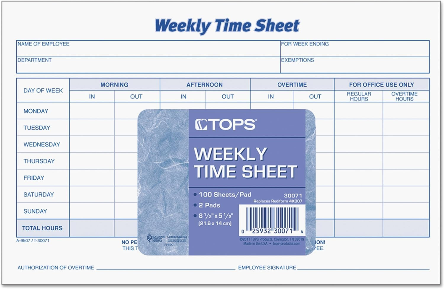 Weekly Time Sheets, One-Part (No Copies), 8.5 x 5.5, 5 Forms/Pad, 2 Pads/Pack