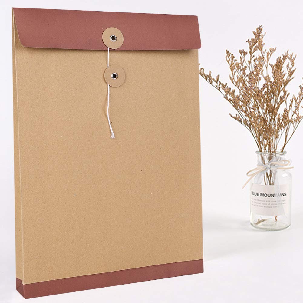 10 PCS A4 Kraft Paper File Folders Envelopes with String and Button Yellow