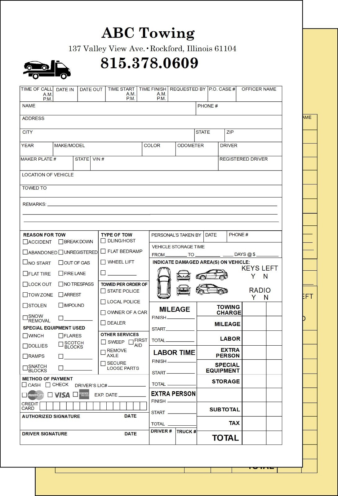Towing Invoices – Receipts – Custom Printed – 2 part NCR Road Service Form (B)