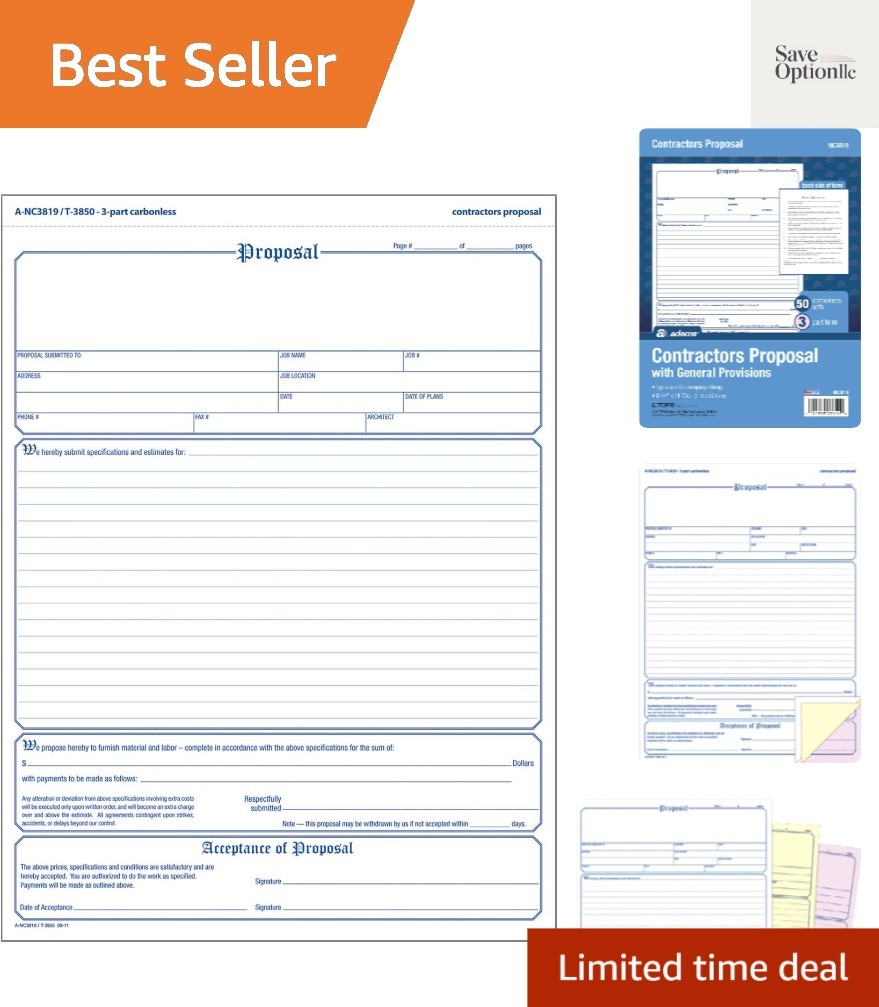 Contractor’s Proposal Forms, 8.5 x 11.44 Inch, 3-Part, Carbonless, 50-Pack, W…
