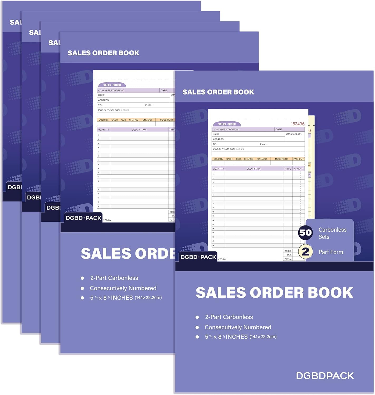 Sales Order Book 5 Pack, 2 Part Carbonless Invoices, White/Canary, 5-9/16 x 8-3/