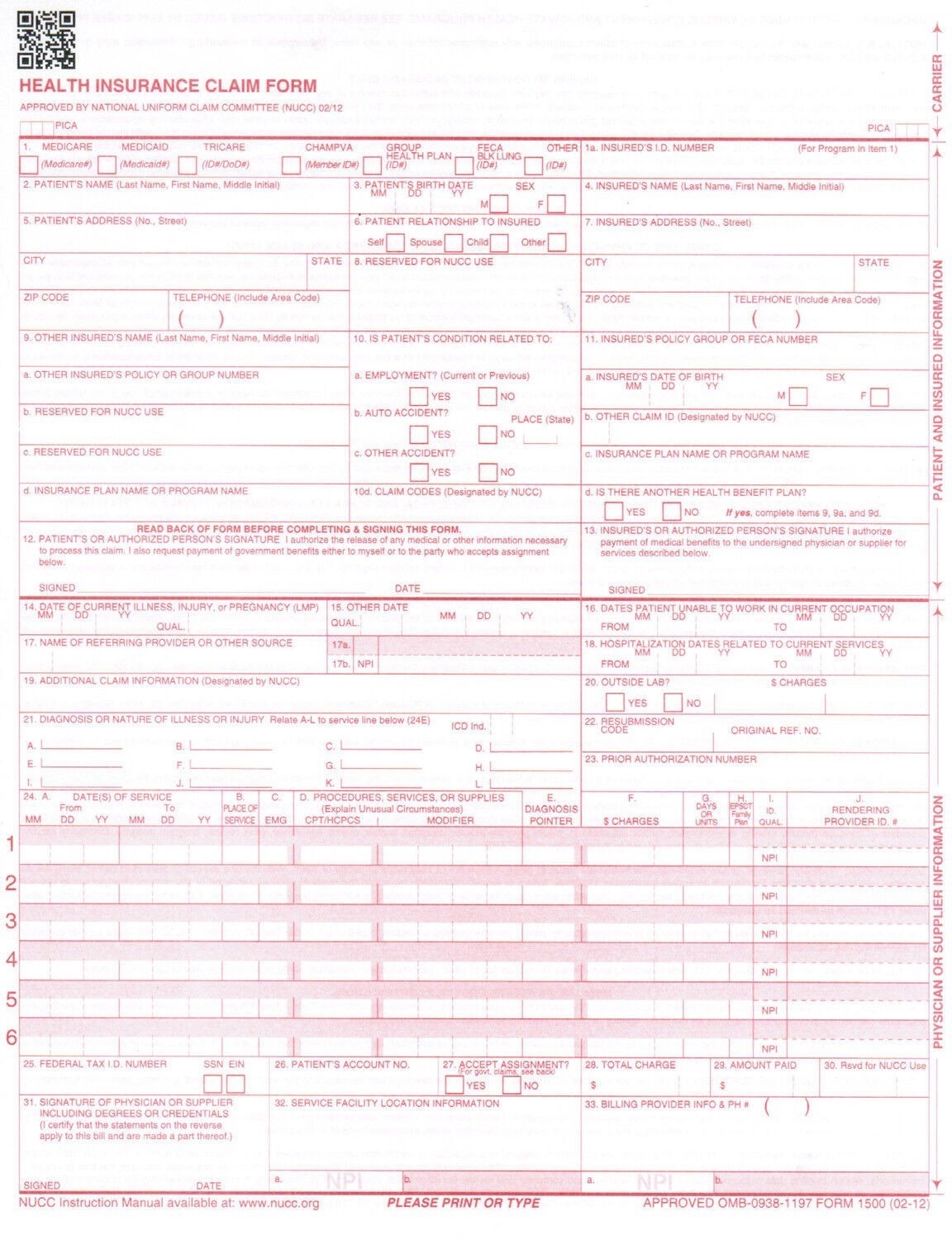 NEW CMS 1500 HCFA Health Insurance Claim Forms (Version 02/12) 500 Forms