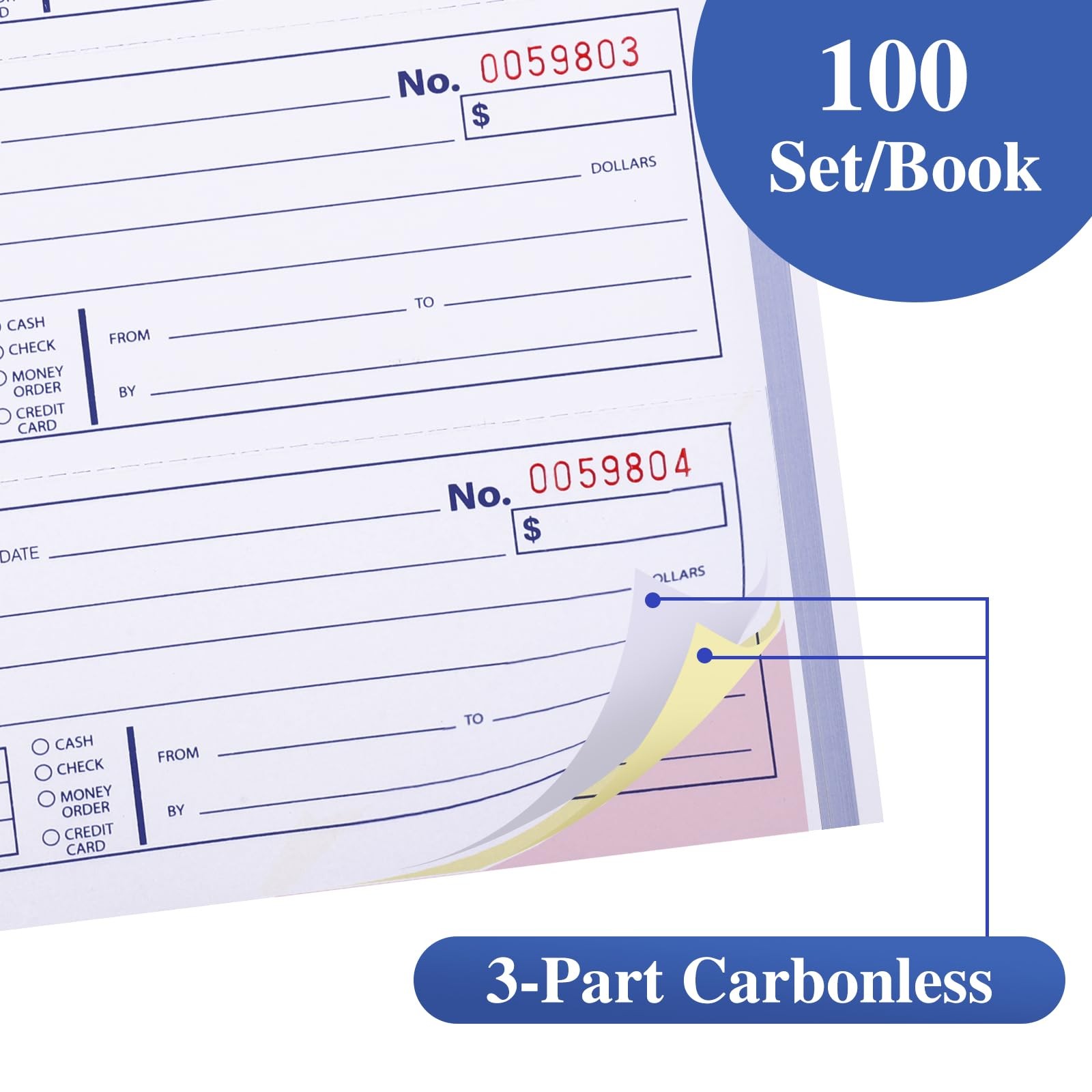 2 PCS Rent Receipt Books Carbonless 3Part 5.24×11 Inch 100 Sets Per Book