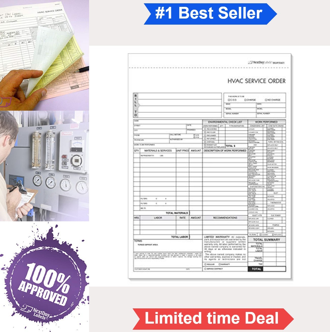 HVAC Service Order Invoice 3 Part Carbonless 100 Pack Repair Detail Forms