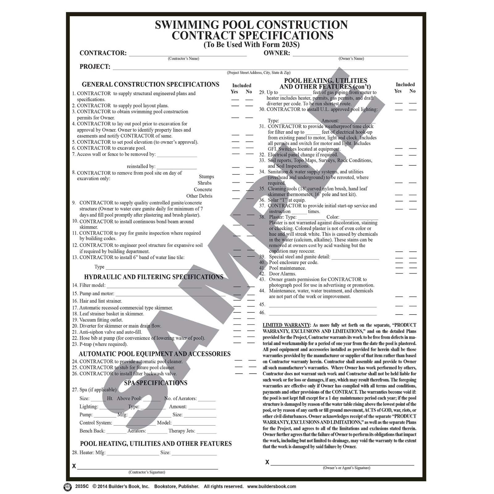 California Swimming Pool Construction Contract Specifications (Package of 25)