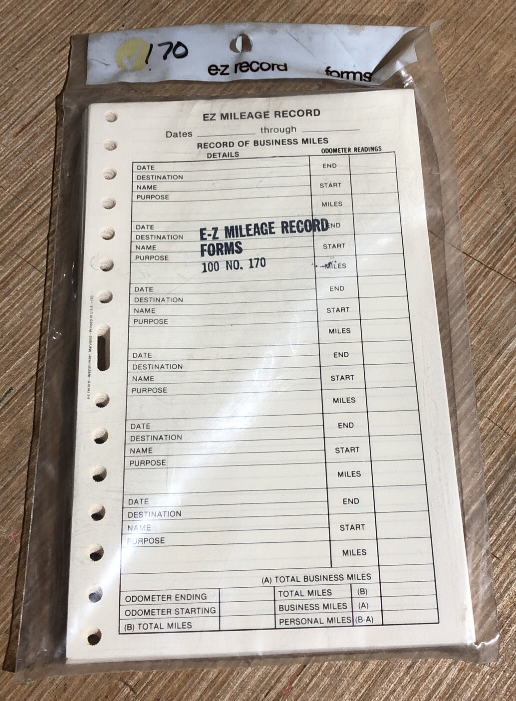 E-Z Mileage Record Refill Forms 100 sheets, No. 170