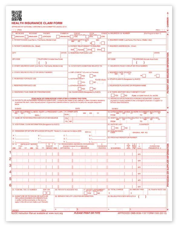 60150X CMS 1500 Laser Sheet Insurance Claim Form Version 02/12 8 1/2 x 11″ QTY 5