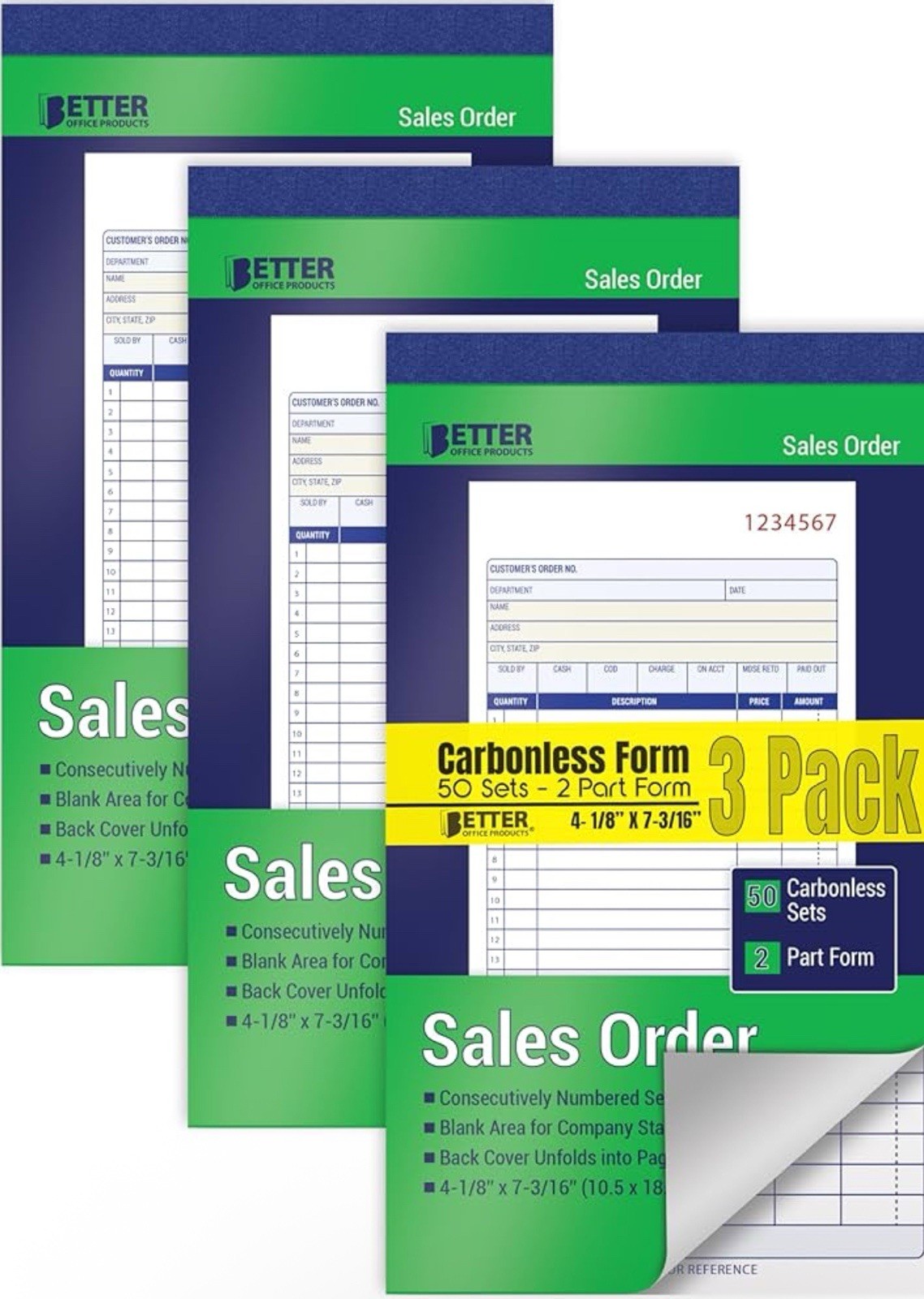 Better Office Products Large Sales Order Books, 3 Pack, 2-Part Carbonless (White