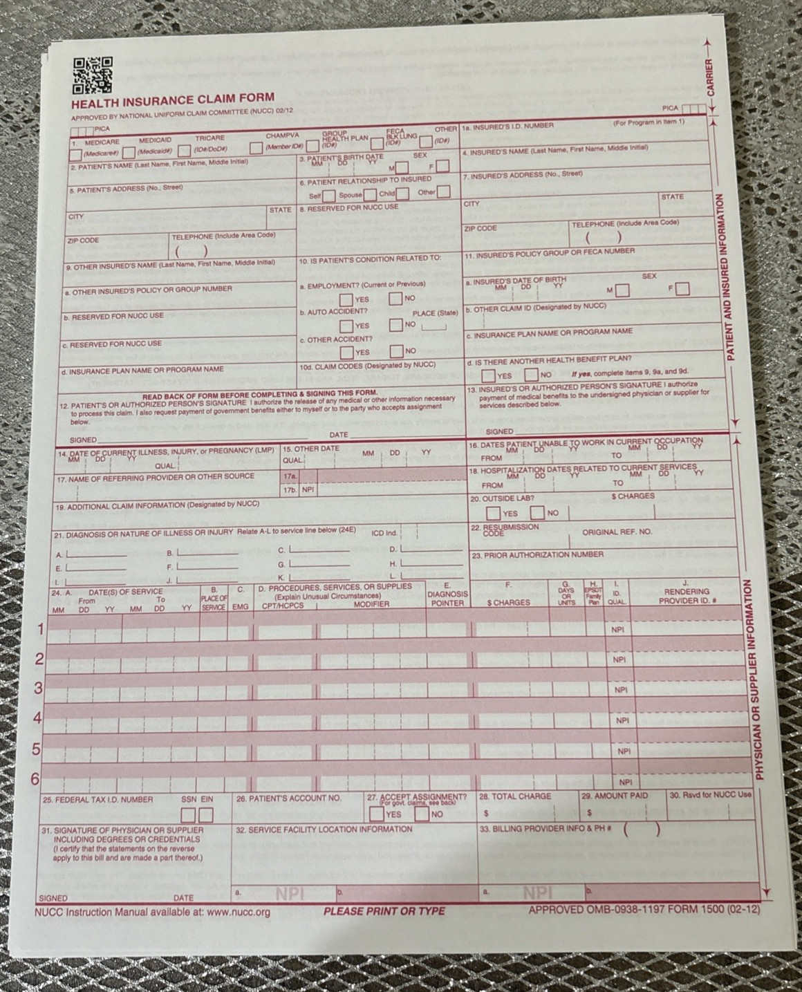 CMS 1500 HCFA Health Insurance Claim Forms (Version 02/12) 500 Forms SEALED NEW