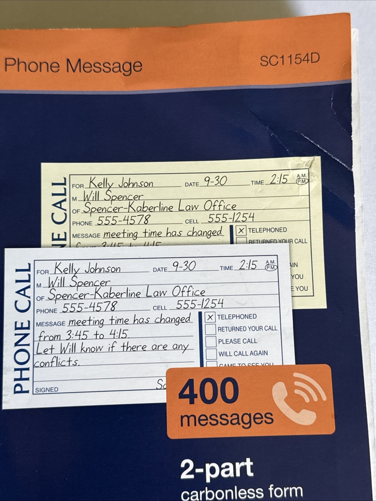 Adams Phone Message Book Carbonless Duplicate 5.5×11 400 Messages NEW