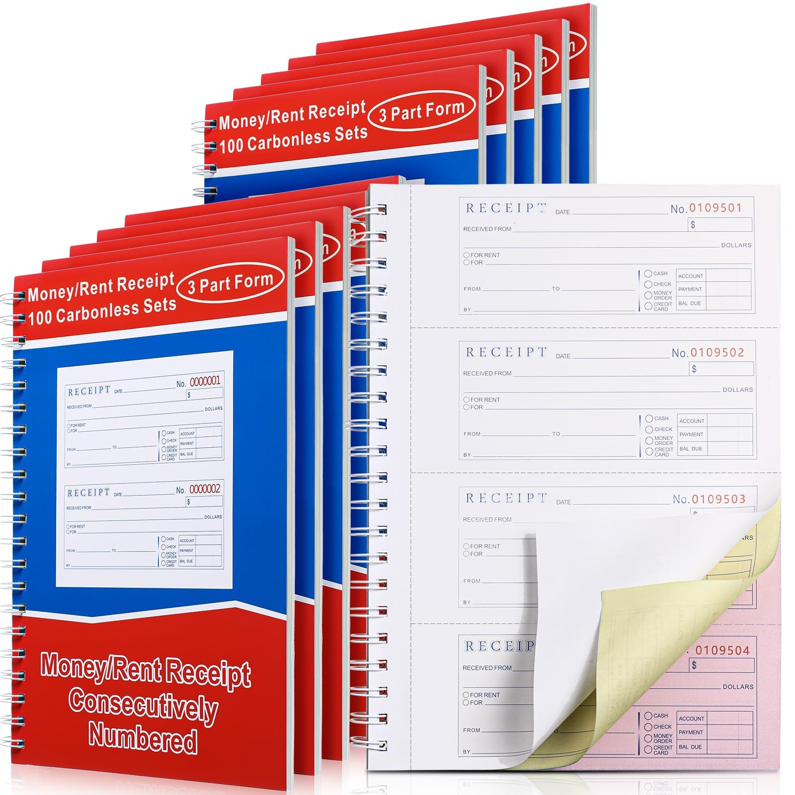 10 Books Money and Rent Receipt Book 3 Part Carbonless Receipt Book Spiral Bo…