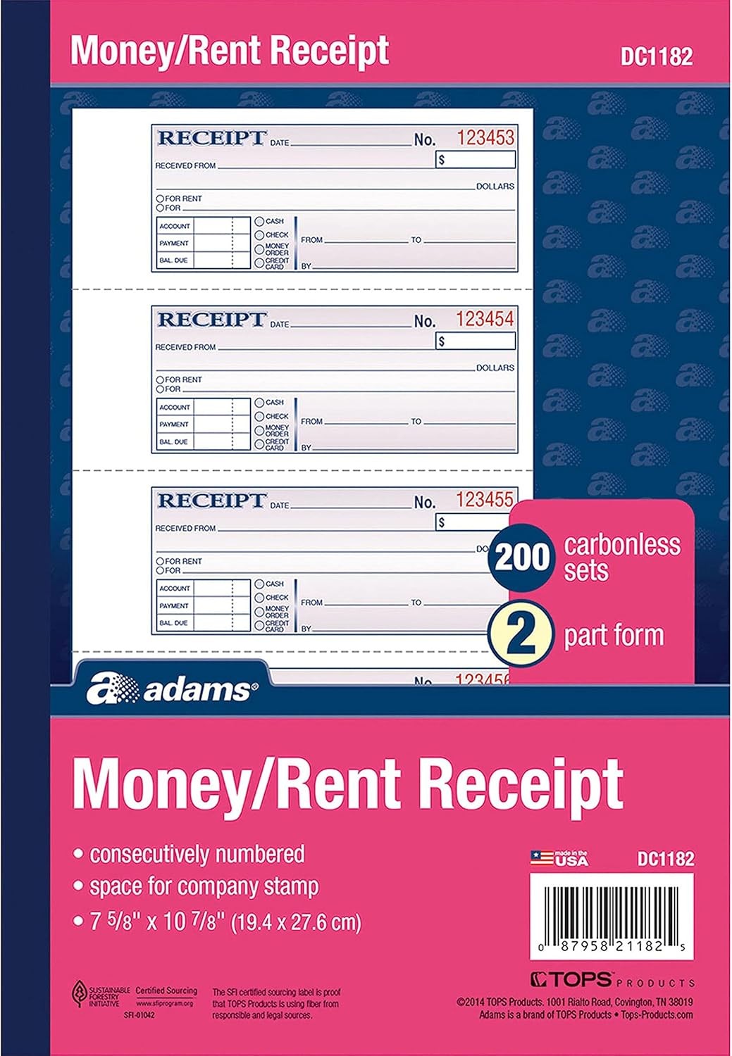 Adams Money and Rent Receipt Book, 2-Part, 11″ x 7-5/8″, White/Canary