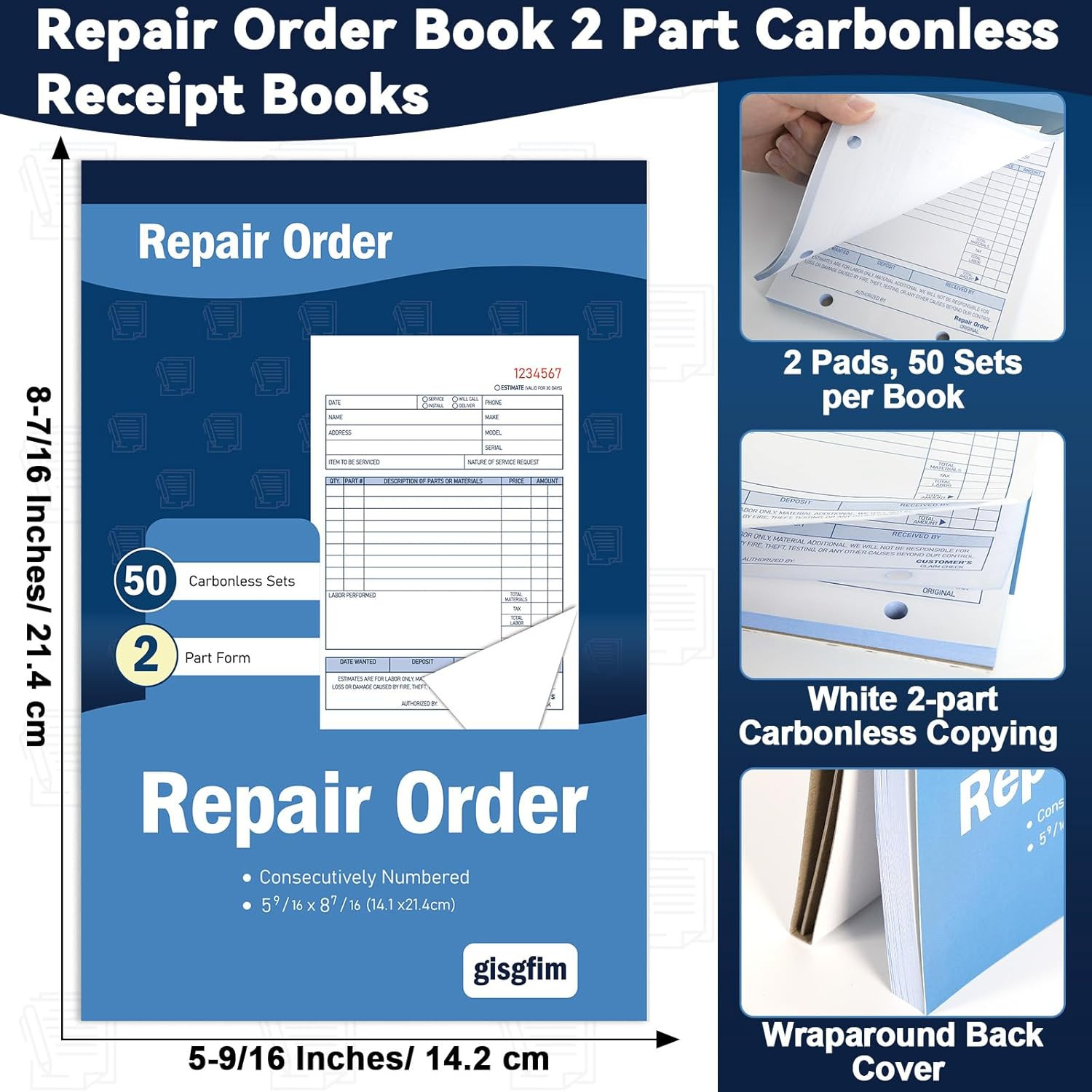 Gisgfim 2 Pad Repair Order Book 2 Part Carbonless Receipt Books Consecutively Nu