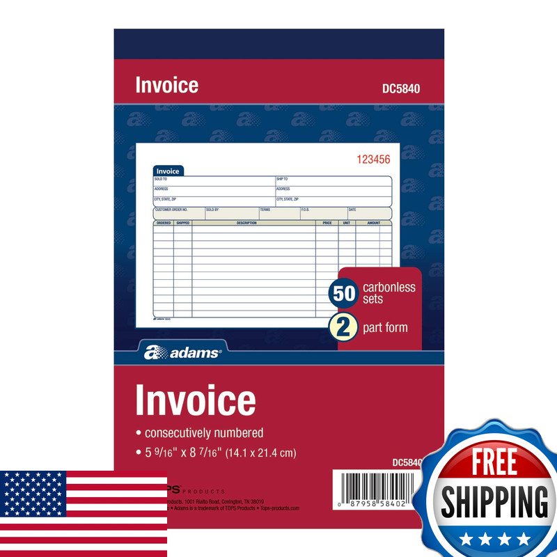 Adams Invoice Book 2-Part Carbonless 5-9/16 X 8-7/16 Inches 50 Sets Per Book