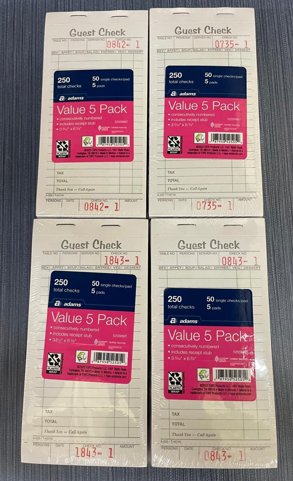 1000 Guest Checks Total- Adams 525SWMT Includes Receipt Stub 20 Pads x 50 Checks