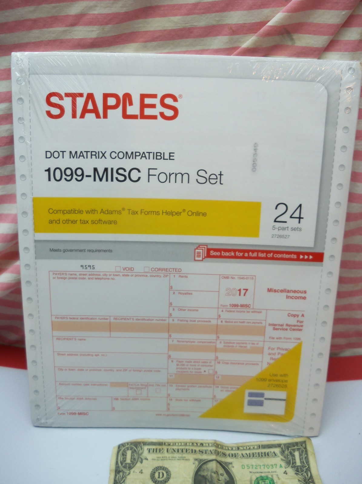 24 Ct Pack Staples 2017 Dot Matrix IRS Tax Form 1099-Misc 5-Part Form Sets USA