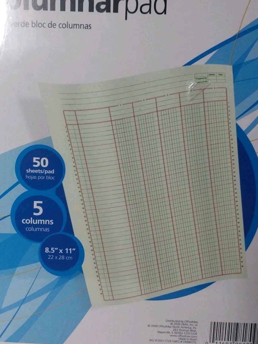 Office Max (2 Pads) Columnar 8.5″ x 11″ 5 Columns 50 Sheets Green Tint 98170
