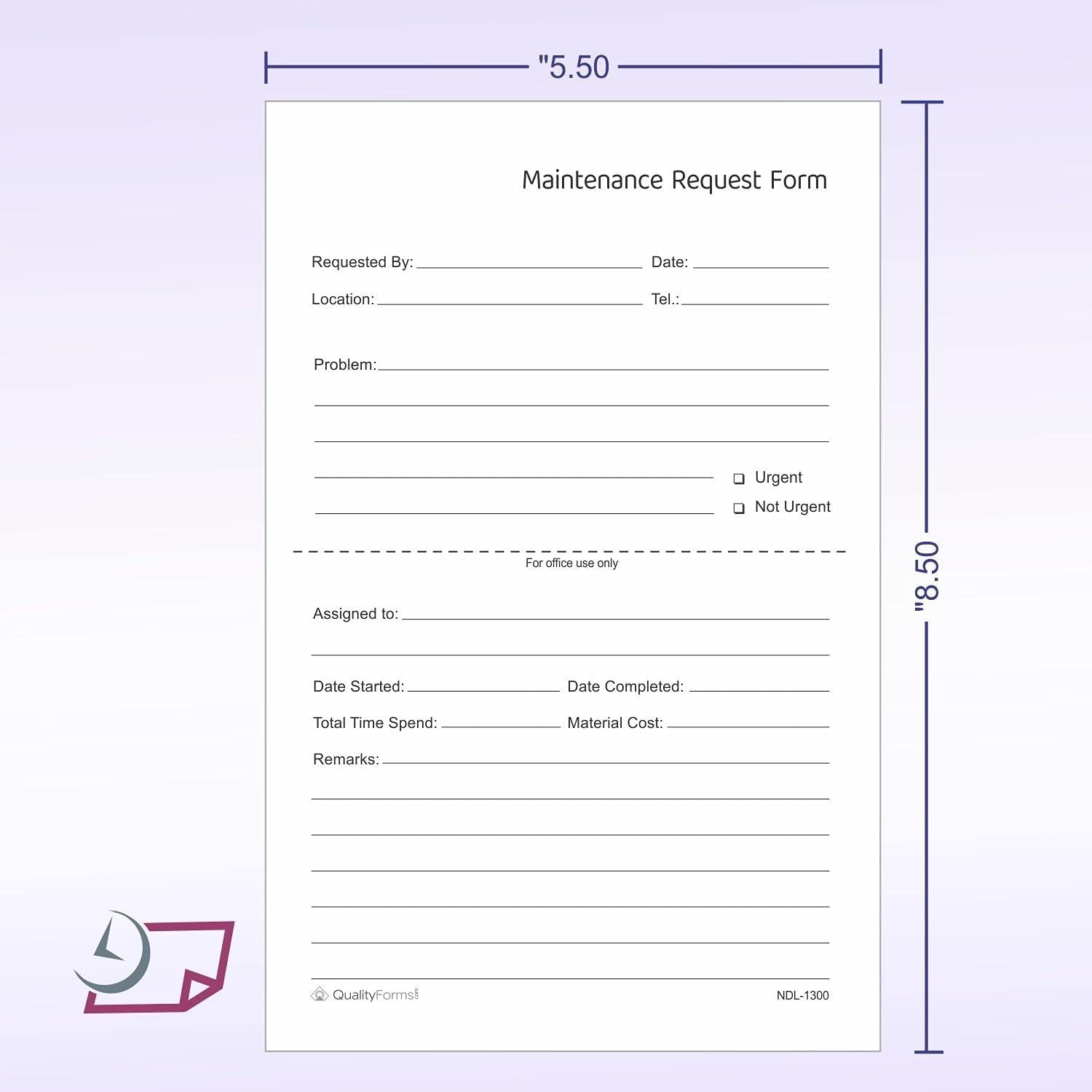 100 Sets Maintenance Request Forms – 3 Part NCR Carbonless;;