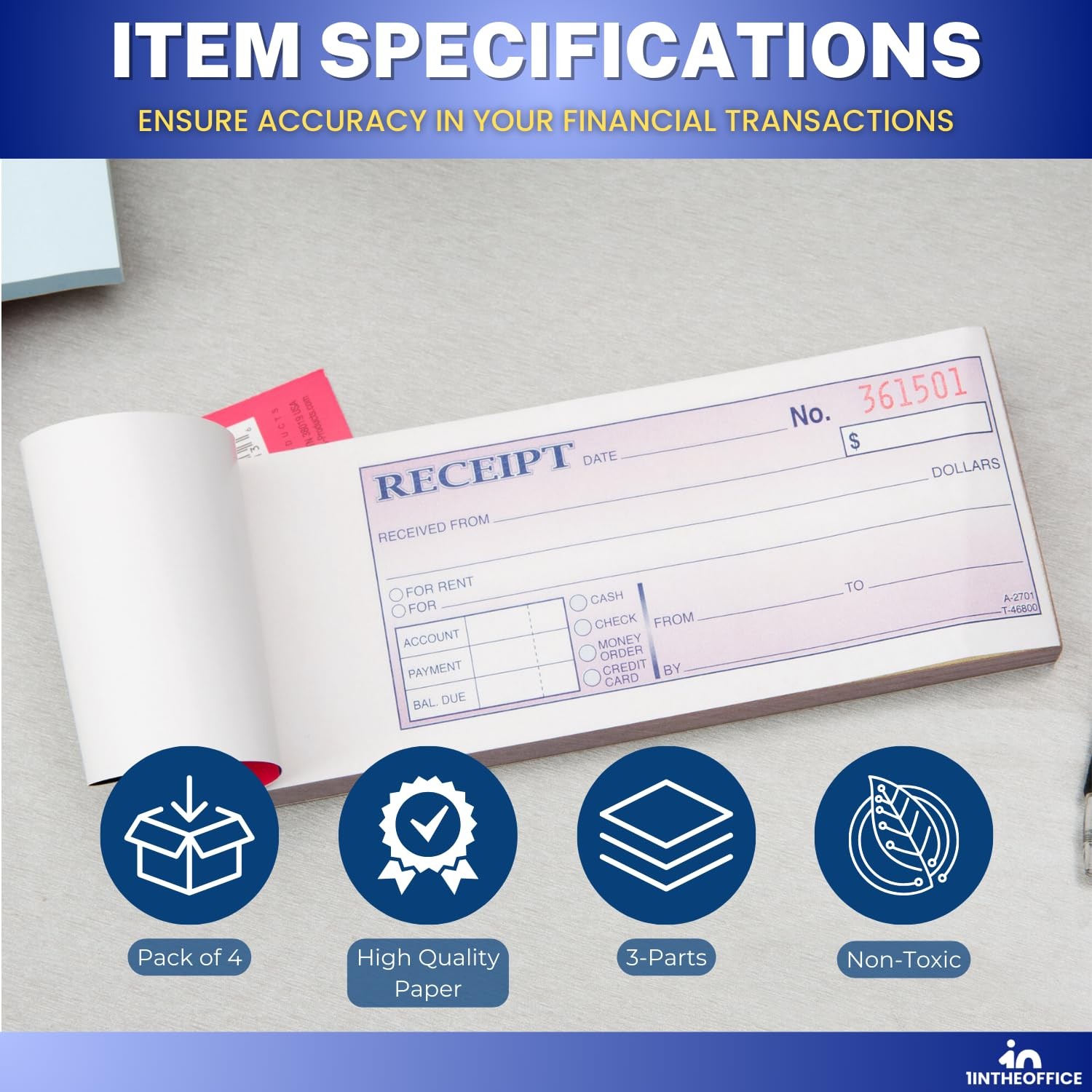 1InTheOffice Money and Rent Receipt, 2-3/4 x 7-3/16 Inches, 3-Parts, Carbonless,