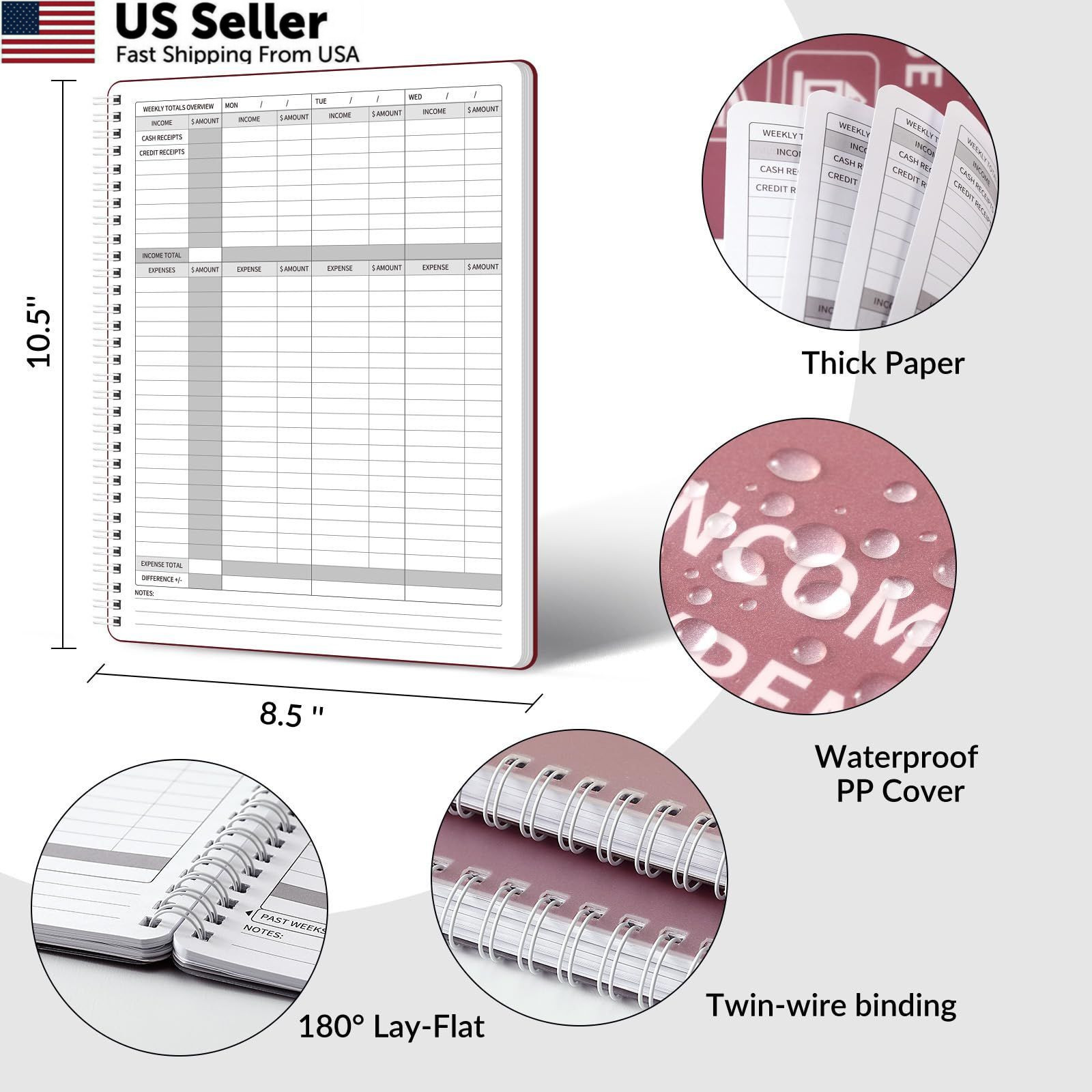 Income Expense Log Book Business Ledger Accounting Tracker 8.5×10.5 Red USA