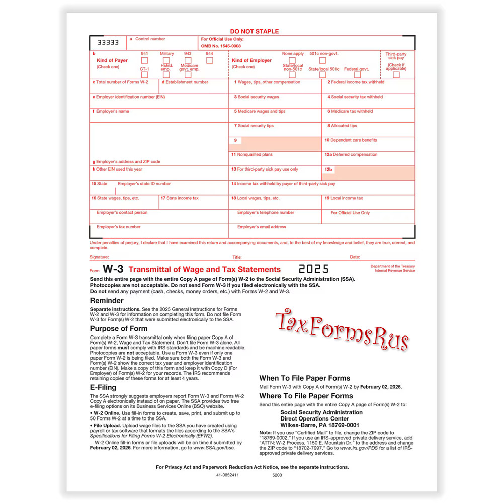 2025 IRS TAX FORMS KIT: W-2 Wage Stmts LASER for 10 employees+envelopes +(2)W-3