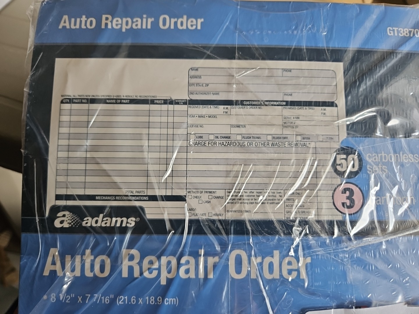 Adams GT3870 8.5 in x 7.44 in Repair Order Form Invoices – 200 Count