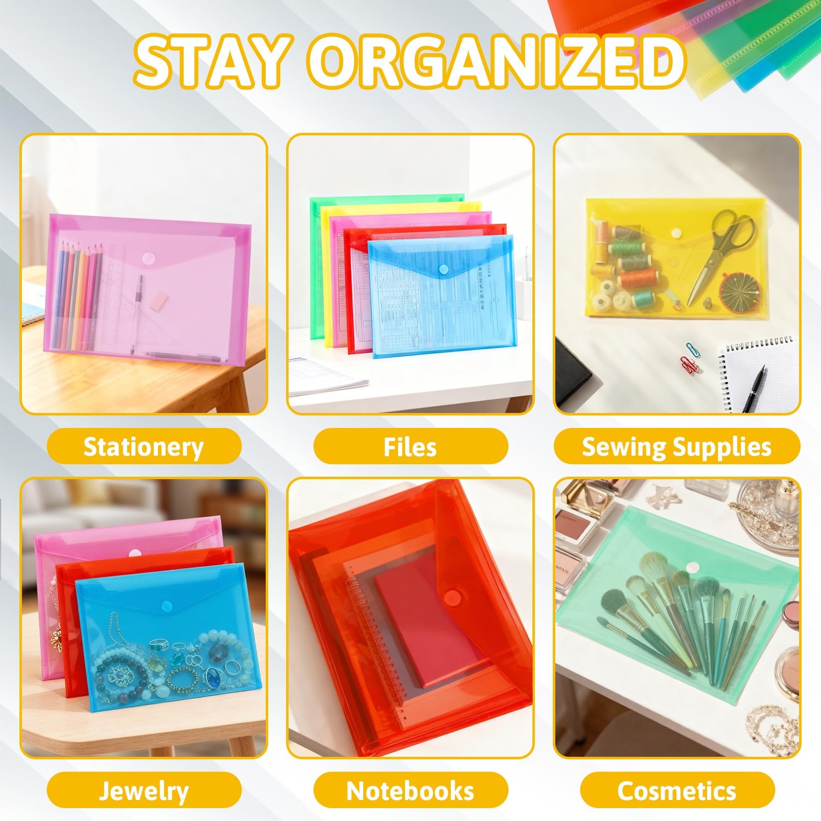 MAQIHAN Clear Plastic Envelopes – 5 Pack Poly Blue, Green, Red, Pink, Yellow