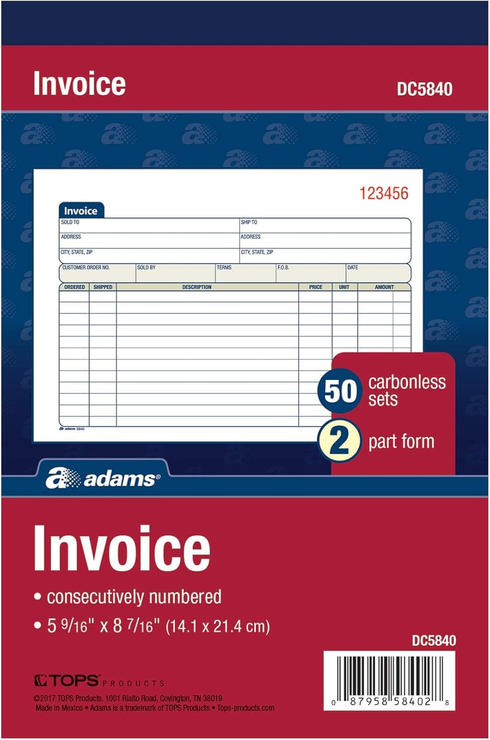Invoice Book, 2-Part, Carbonless, 5-9/16 X 8-7/16 Inches, 50 Sets per Book (DC58