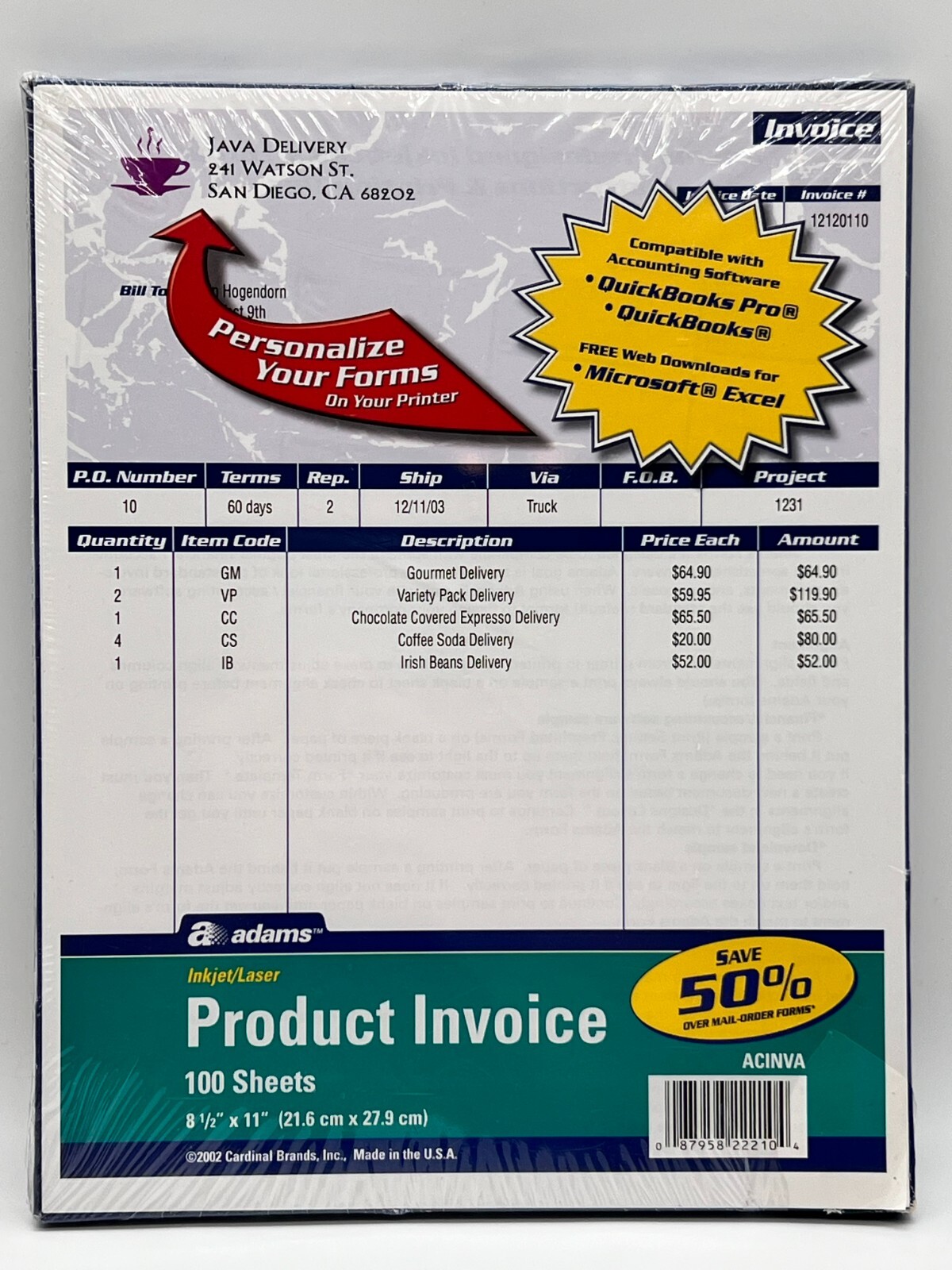ADAMS Inkjet/Laser Product Invoice 100 Sheets 8-1/2 x 11″ Made in USA NEW SEALED