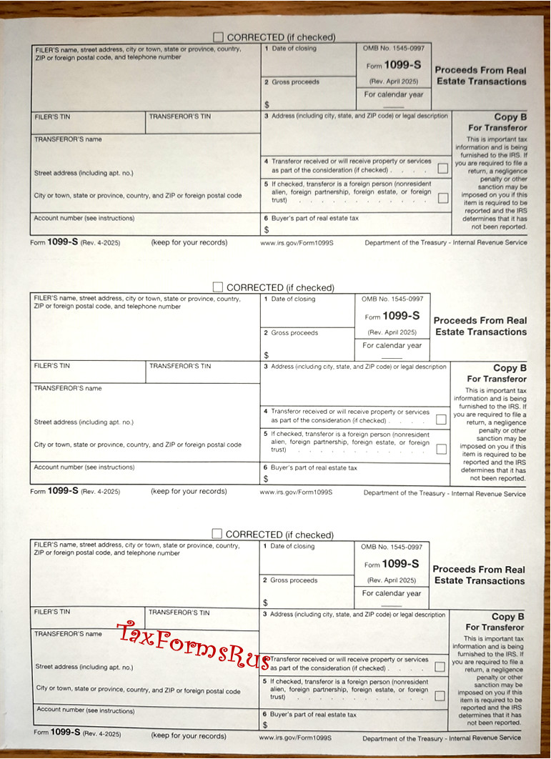 Official IRS Tax Form 1099-S single sheet set for 3 transferors, NON-carbonless