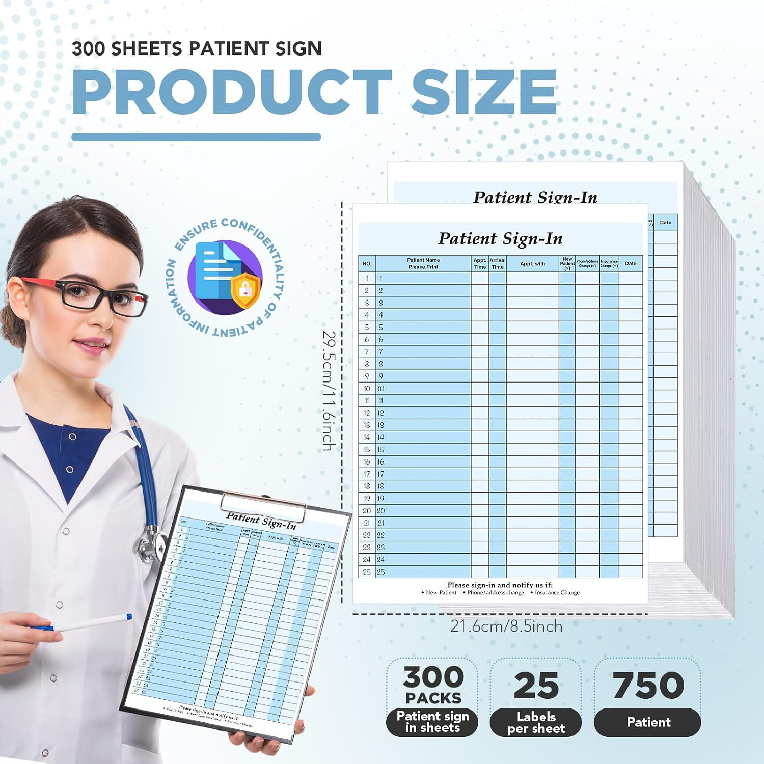 300 Pack Patient Sign in Sheets, Hipaa Carbonless, 3 Parts Adhesive Peel off Pat