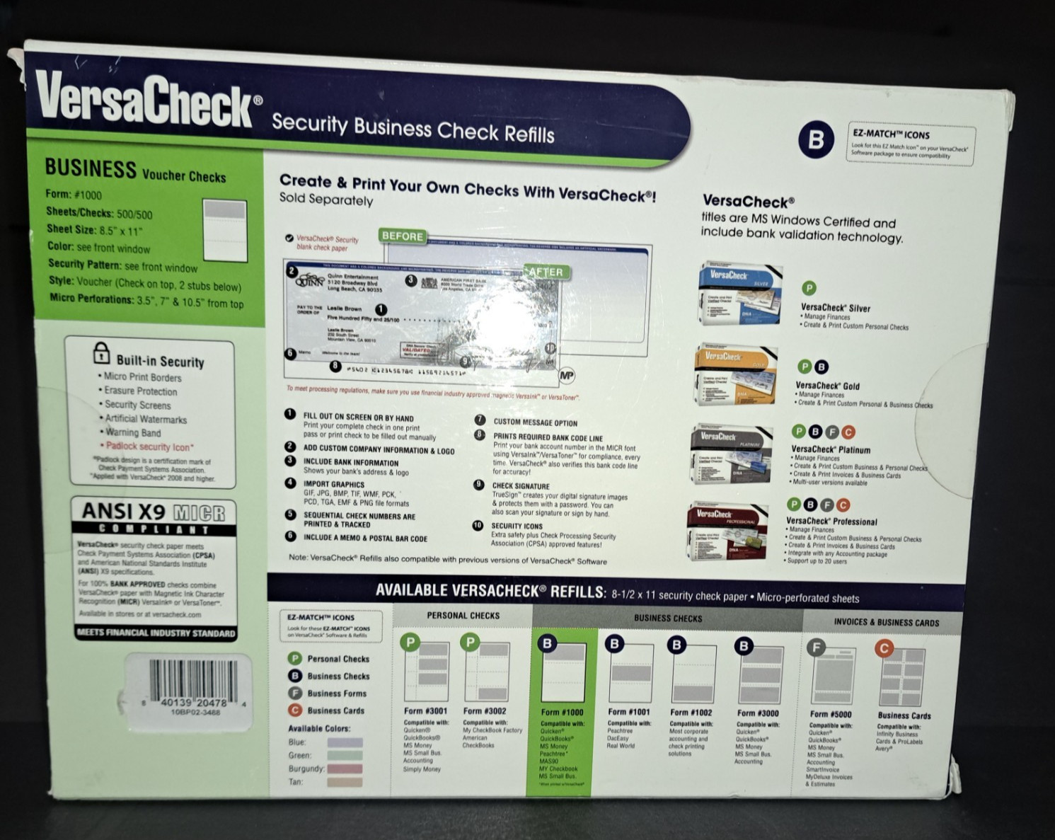 VersaCheck Security Business Check Refills #1000 500 Sheets 500 Check Refills