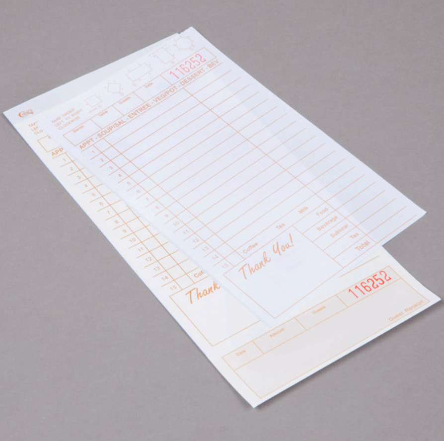 2 Part Tan and White Carbonless Guest Checks w/ Bottom Guest Receipt 2000 Case